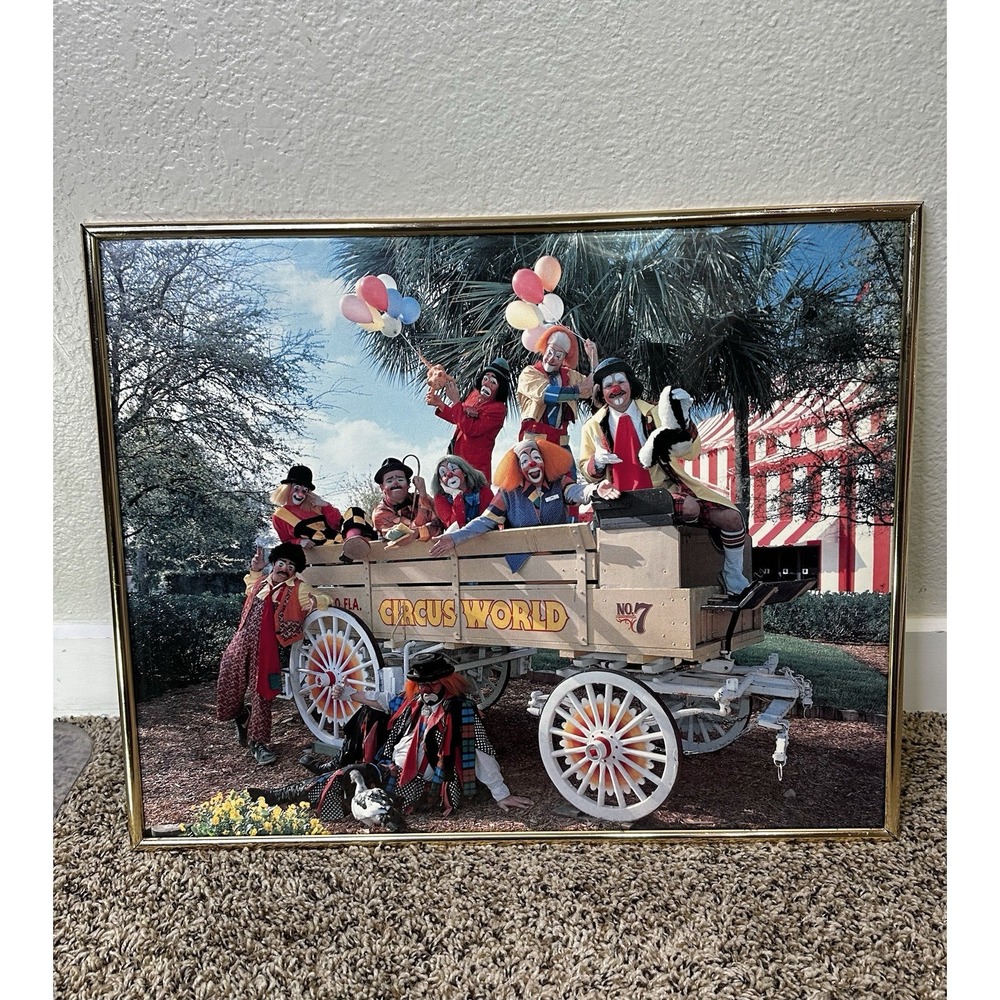 Vintage Framed Circus World Florida Photo '82 Clowns Wagon 19x16